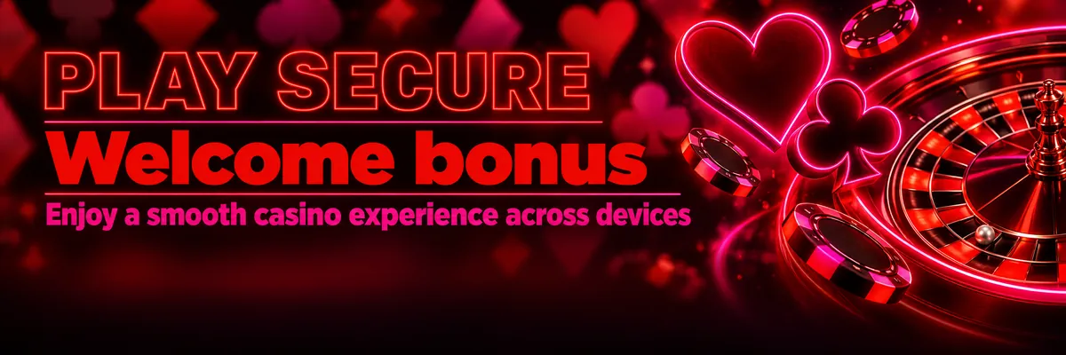 Wide dark casino banner with neon red and pink casino symbols, tilted chips, cropped roulette wheel and softly blurred card suits framing a secure online casino message