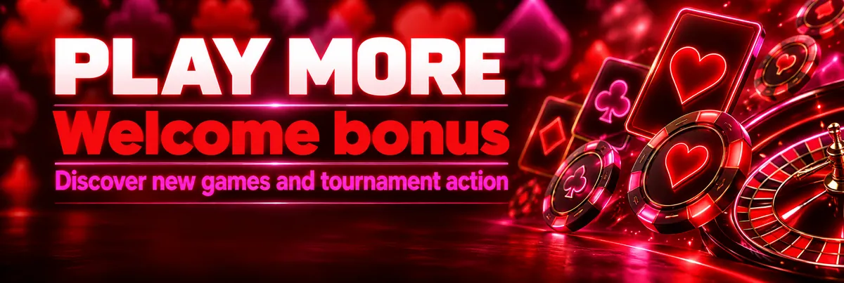 Wide dark casino banner with a diagonal cluster of luminous red and pink casino tiles, floating chips and outlined card suits, games promotion layout and solid action button